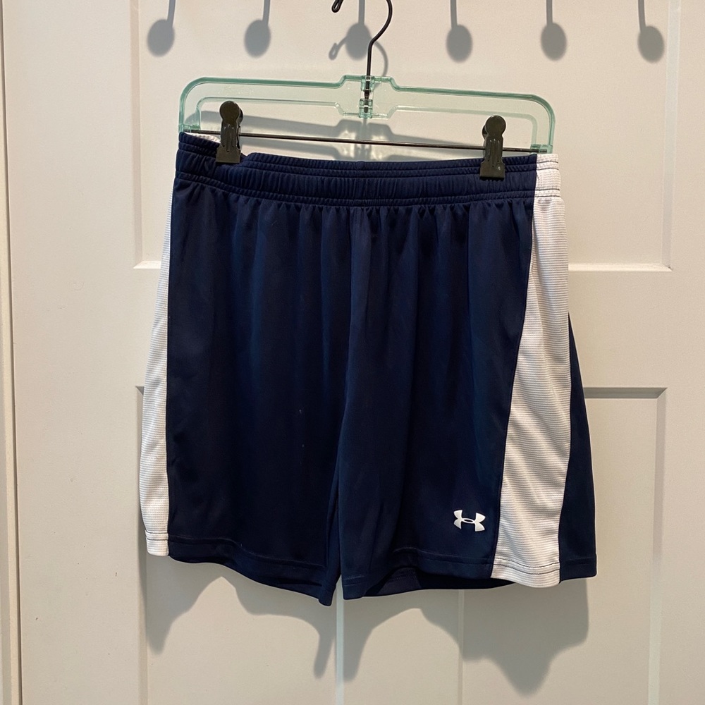 Under Armour Shorts - Navy Blue with White Stripes Size SM